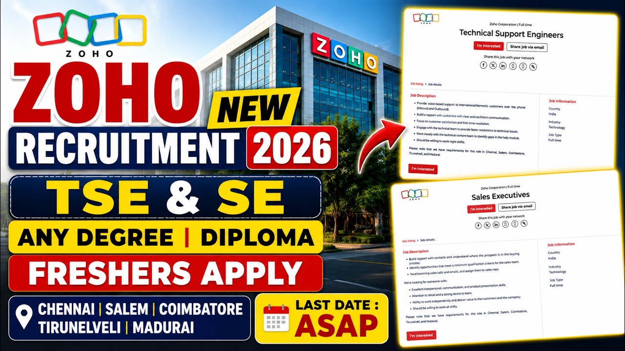 ZOHO Jobs 2026 | Freshers Recruitment | Technical Support Engineer & Sales Executive | Apply Online