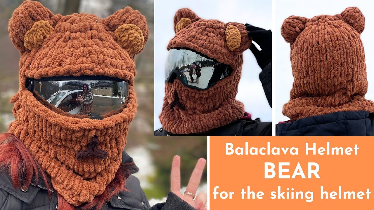 🐻Balaclava Helmet BEAR🧡Easy Winter Helmet for skiing🐻For Beginners🧡hand knitted Alize Puffy🐻