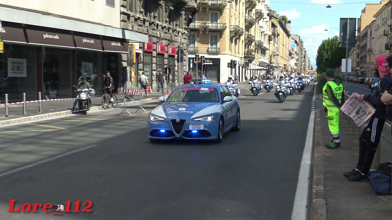 4K - Mezzi Polizia Stradale in emergenza in scorta al Giro di Italia 2021 a Milano
