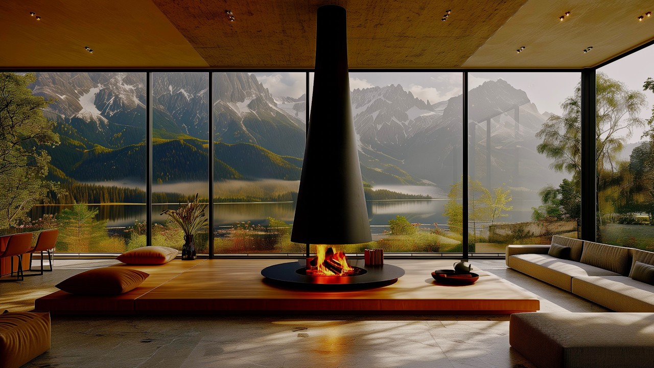 SPRING JAZZ LOUNGE – Cozy Fireplace & Garden View | Relaxing Background Music