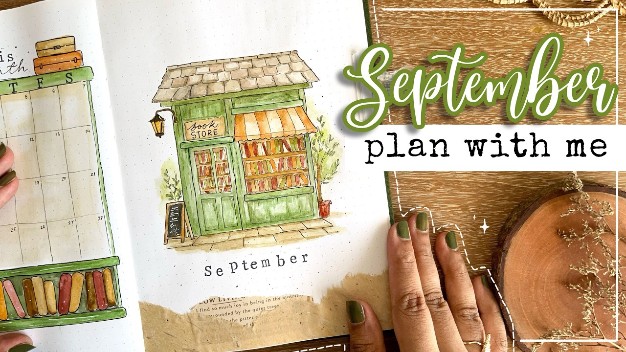 September 2024 monthly bullet journal setup 📚 Watercolor Cottagecore Bookstore theme