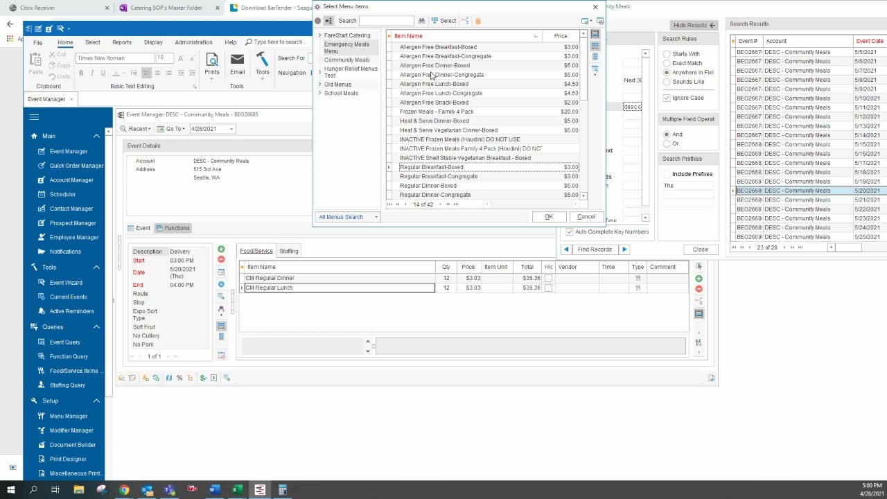 Adding and Removing Menu Items when Changing Orders in Caterease