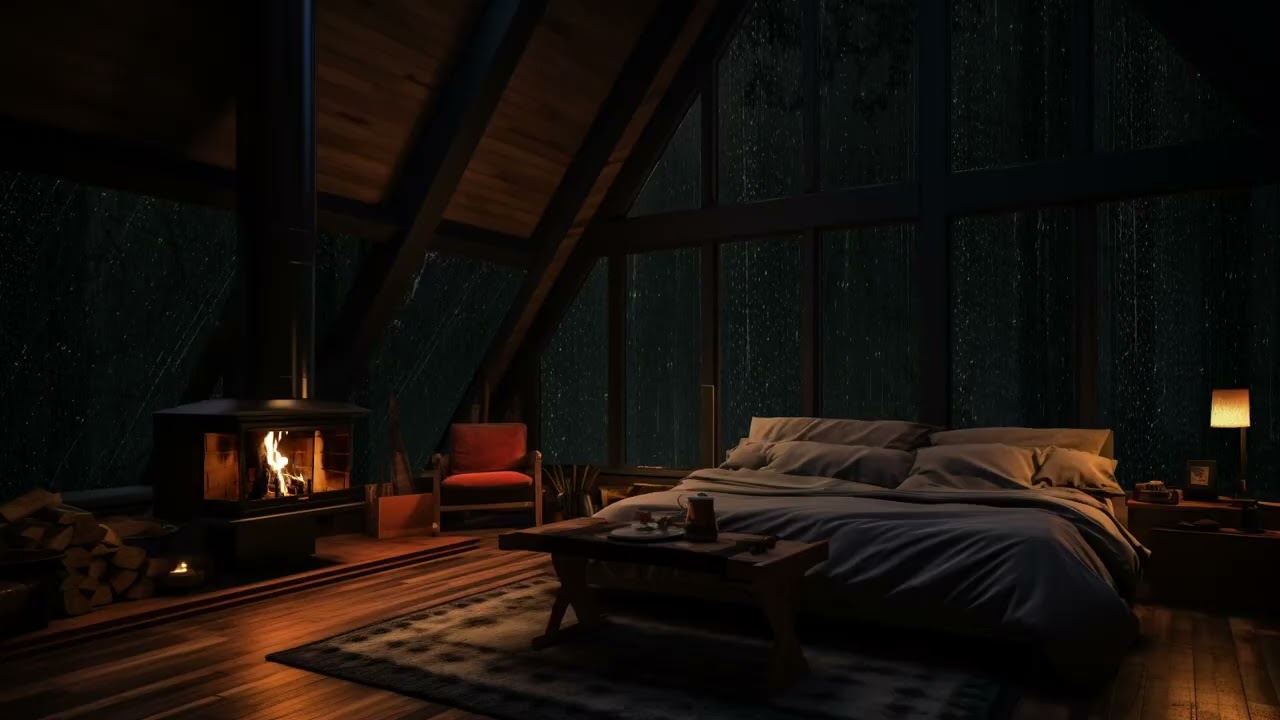 Listening to the sound of rain surrounding a warm cabin hidden among the trees