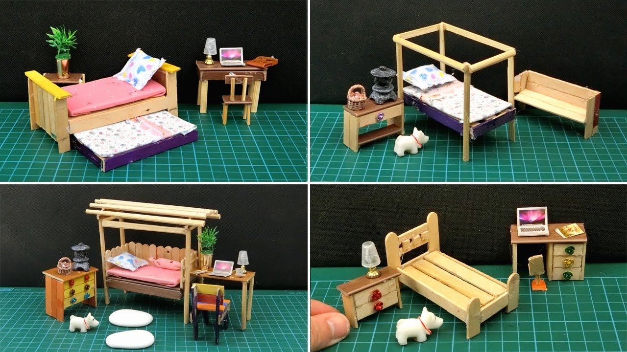 4 Popsicle Stick Bed & Furniture Crafts Ideas - Miniature Dollhouse Bedroom #28