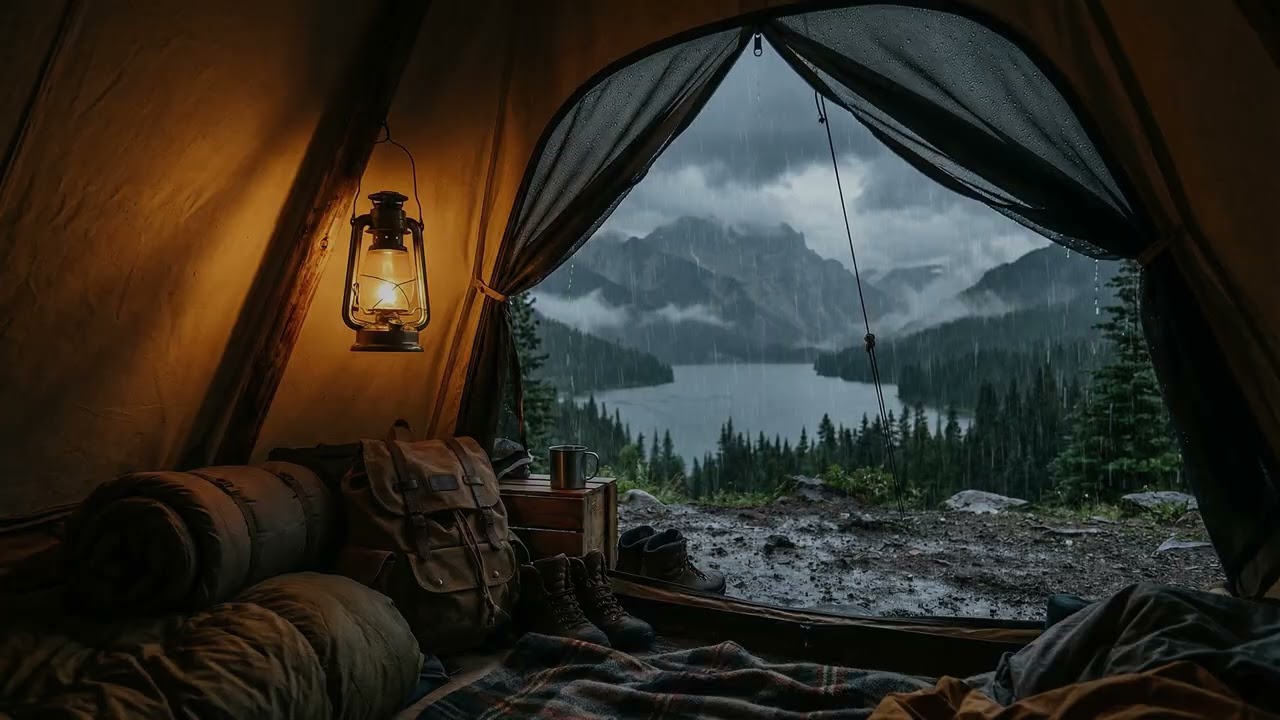 Steady Night Rain 🌧️ Drumming On A Camping Tent While Distant Hills 🌄 Rest In Fog