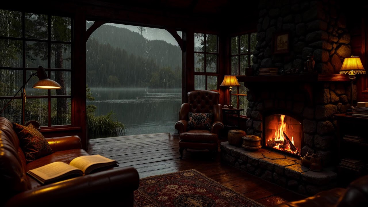 Quiet Night in a Forest Cabin ⛈️ Rain Sounds & Warm Fireplace Crackling For Sleeping, Unwind