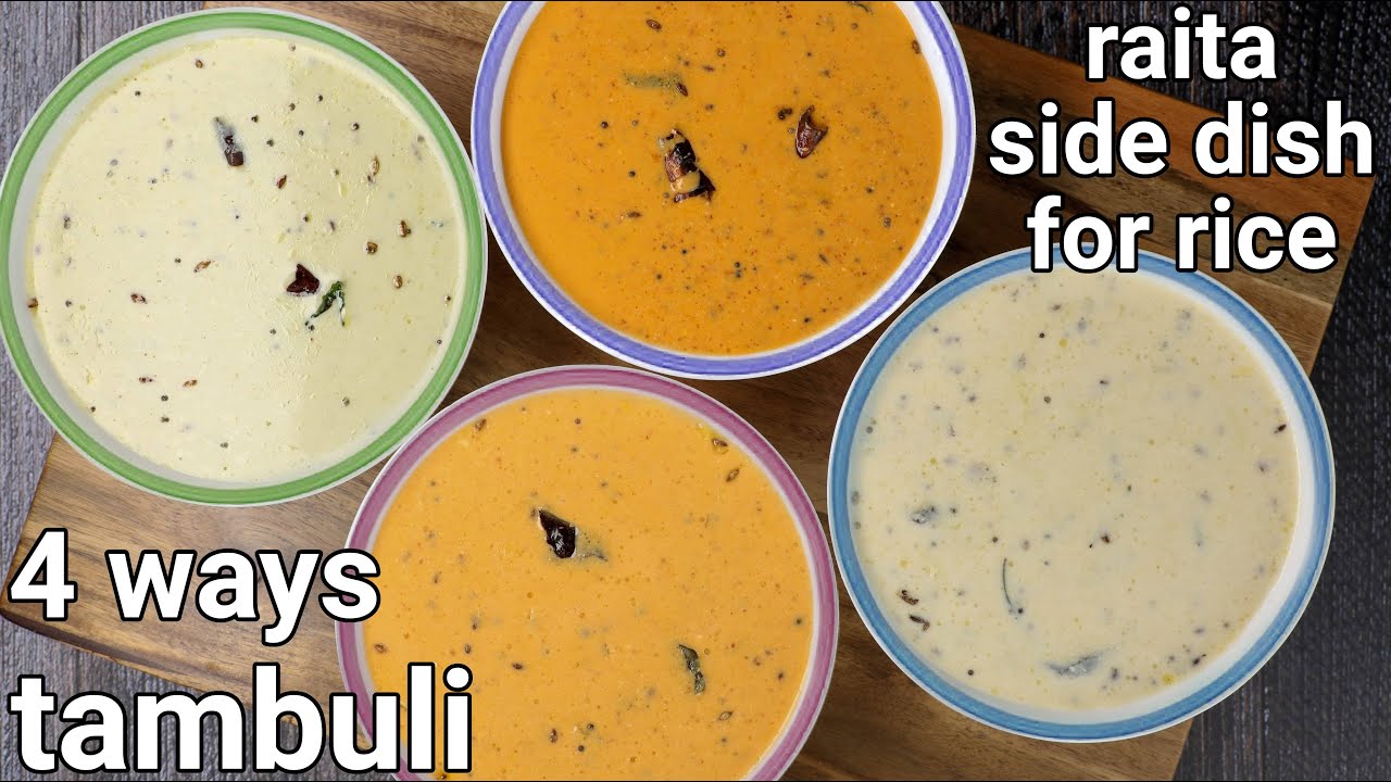 4 ways tambuli recipes - rice side dish for summer | flavored raita curd recipe for rice