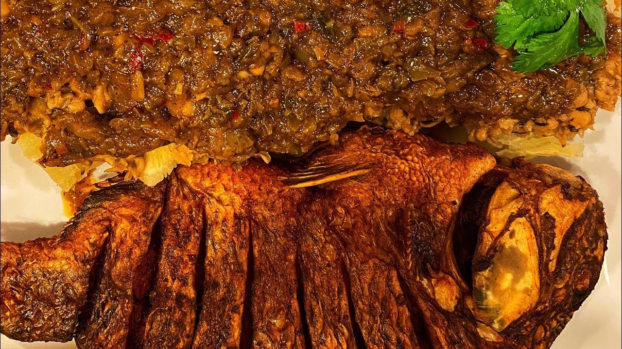 Cassava and beans with fried fish||Njabeh Nyebeh with Fried Fish