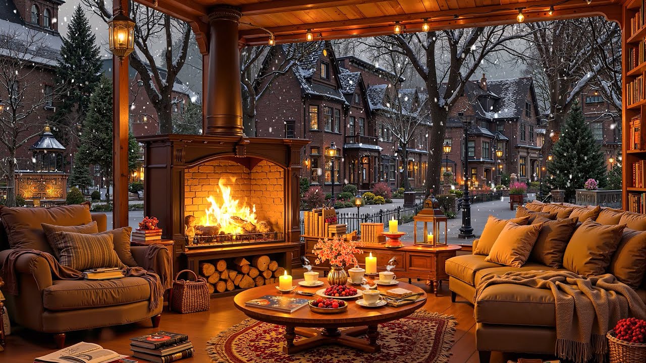 Relaxing Winter Jazz by the Fireplace ❄️ Gentle Snowfall Outdoors 🍵 Soft Jazz Music for Study, Sleep