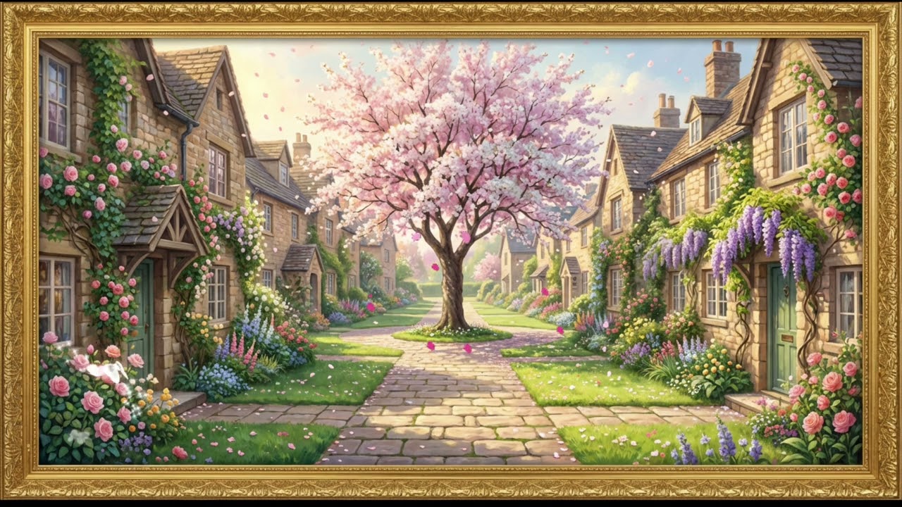ring Storybook Art Gallery 🌸 | Cozy Village Illustration | Relaxing Framed Wall Art Ambience