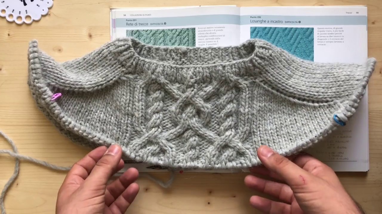 Maglione Top-down con manica a martello, lavorazione del motivo centrale dal ferro n°1 al n°15