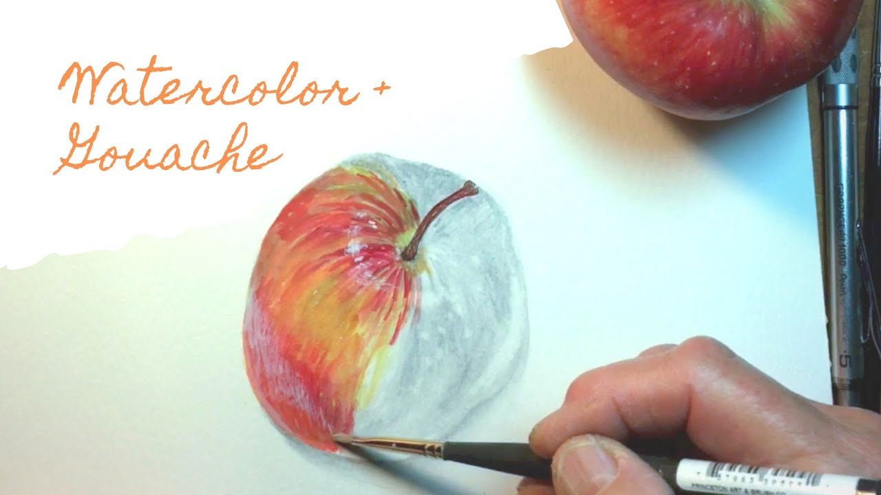 Apple painted in Watercolor and Gouache Painting on Graphite Demonstration Time Lapse Speedpaint