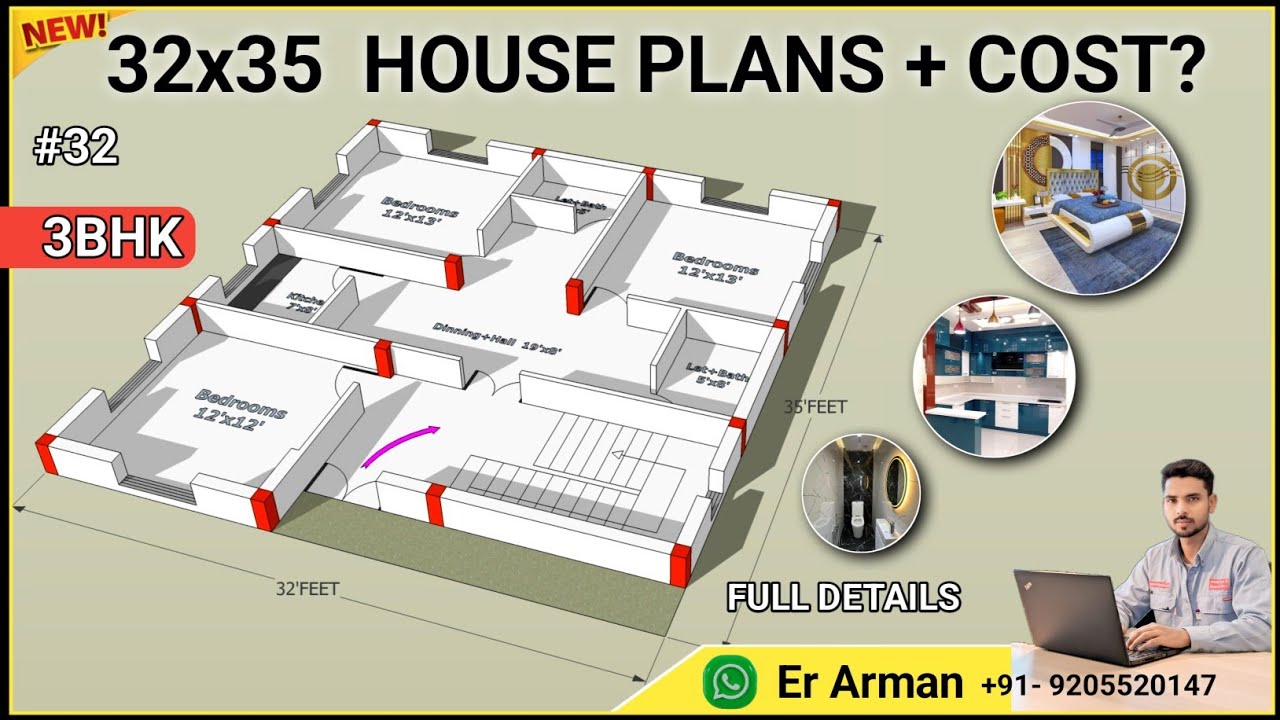 32x35 House Plan with 3 Bedrooms | 1120 Sq Ft House Design & Construction Cost  #erarman 