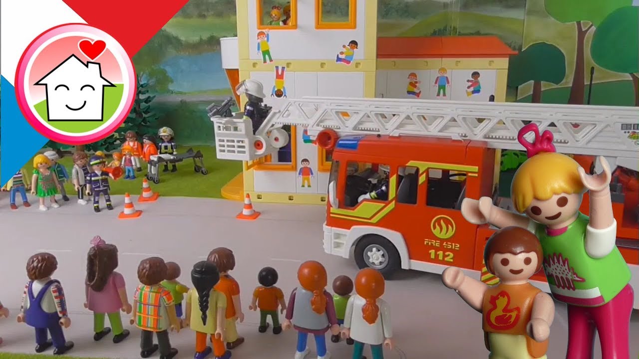 Playmobil pompiers Exercice d´alerte d´incendie à la maternelle - La famille Hauser