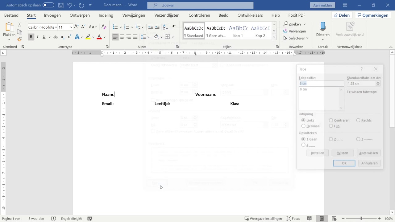 Word - Tabs opvultekens