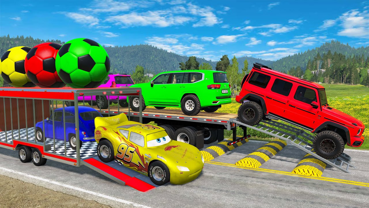 Flatbed Trailer McQueen Transportation with Truck - Speedbumps vs Cars vs Train - BeamNG.Drive #7