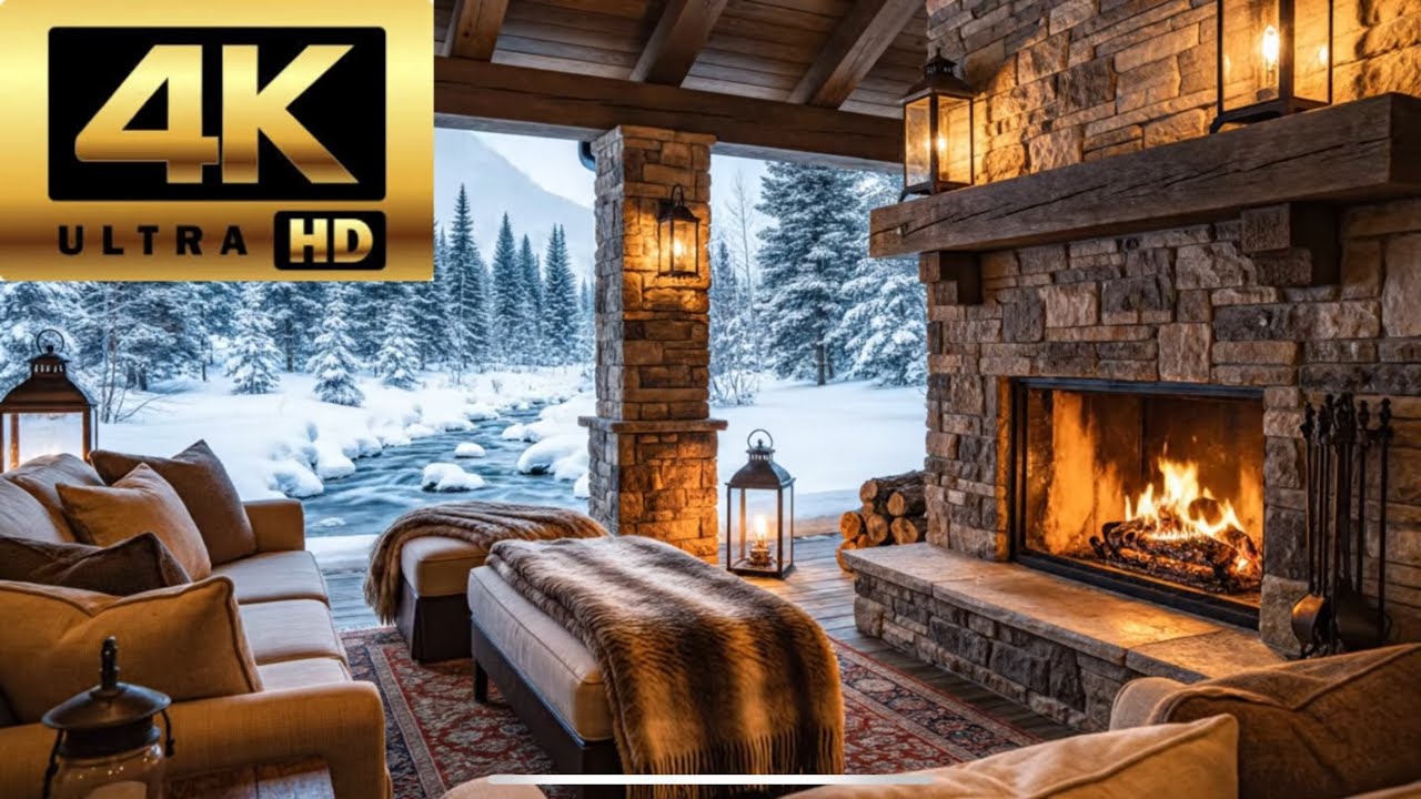 Luxury Cabin Porch by the Stream Ambience 🔥💧 | Cozy Fireplace & Nature Sounds • 4K 1 Hour
