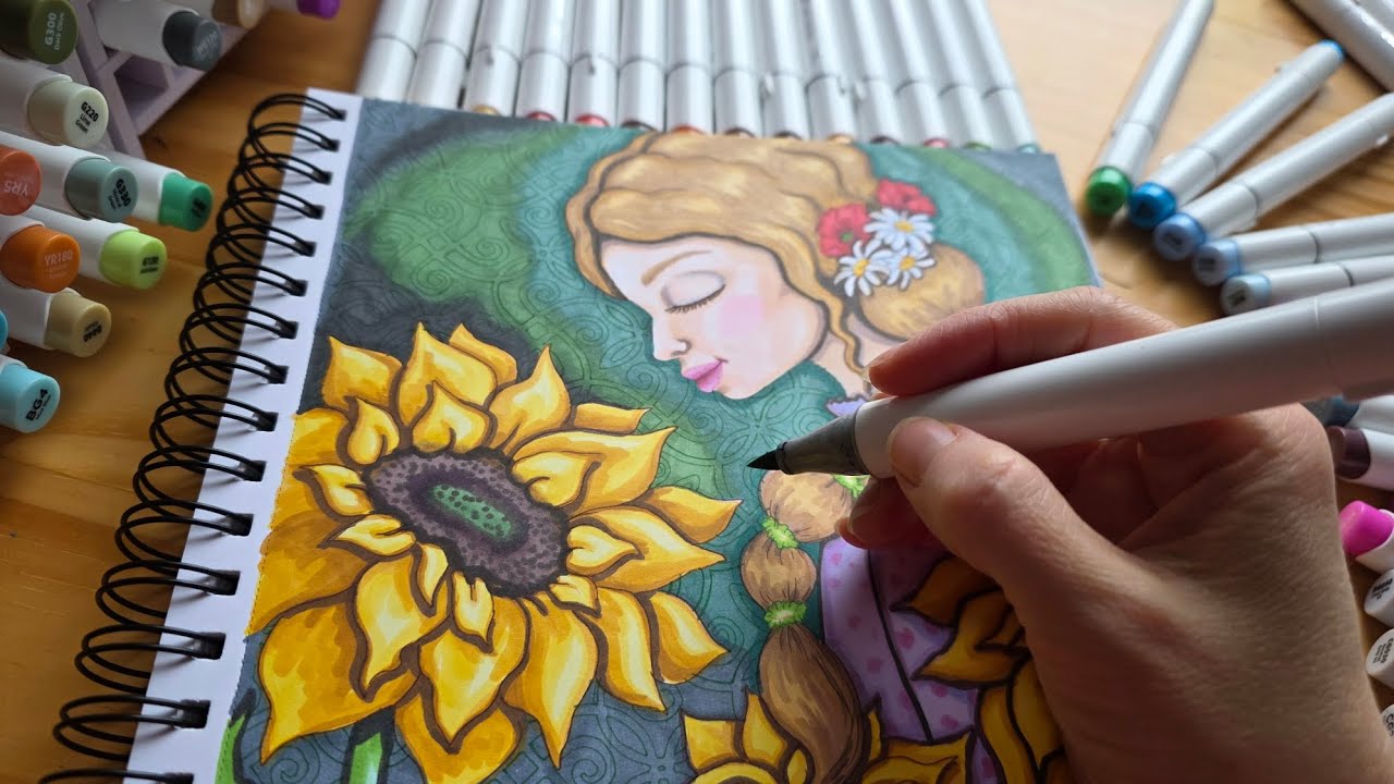 Girl with sunflowers  - drawing with marker - art  and design