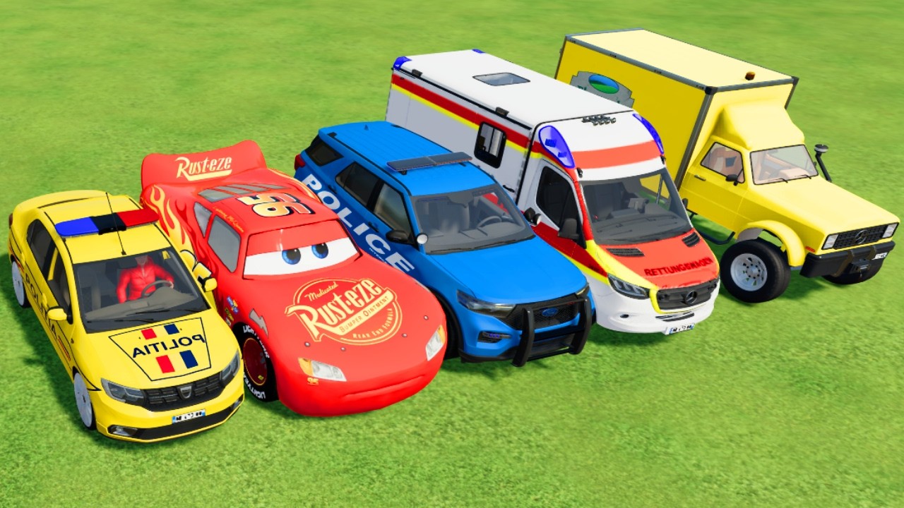 TRANSPORTING POLICE CARS, AMBULANCE, FIRE TRUCK, COLORFUL CARS WITH TRAIN -FARMING SIMULATOR 22!