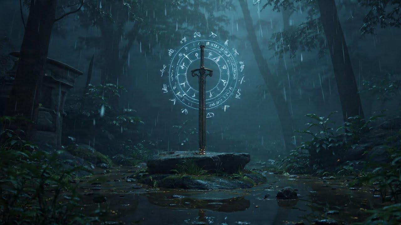 Medieval Knight Sword Journey Through Dark Rainy Forest