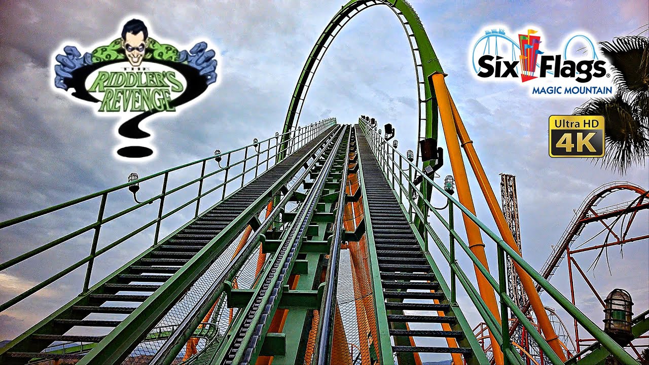 October 2024 The Riddler's Revenge Roller Coaster On Ride Front Seat 4k POV Six Flags Magic Mountain