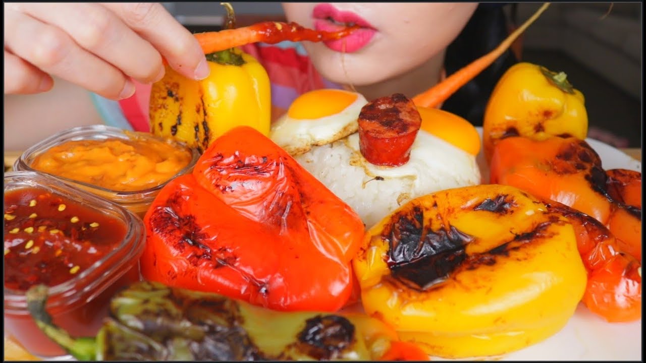 ASMR GRILLED PEPPERS VEGGIE | EGG AND RICE | EATING SOUNDS
