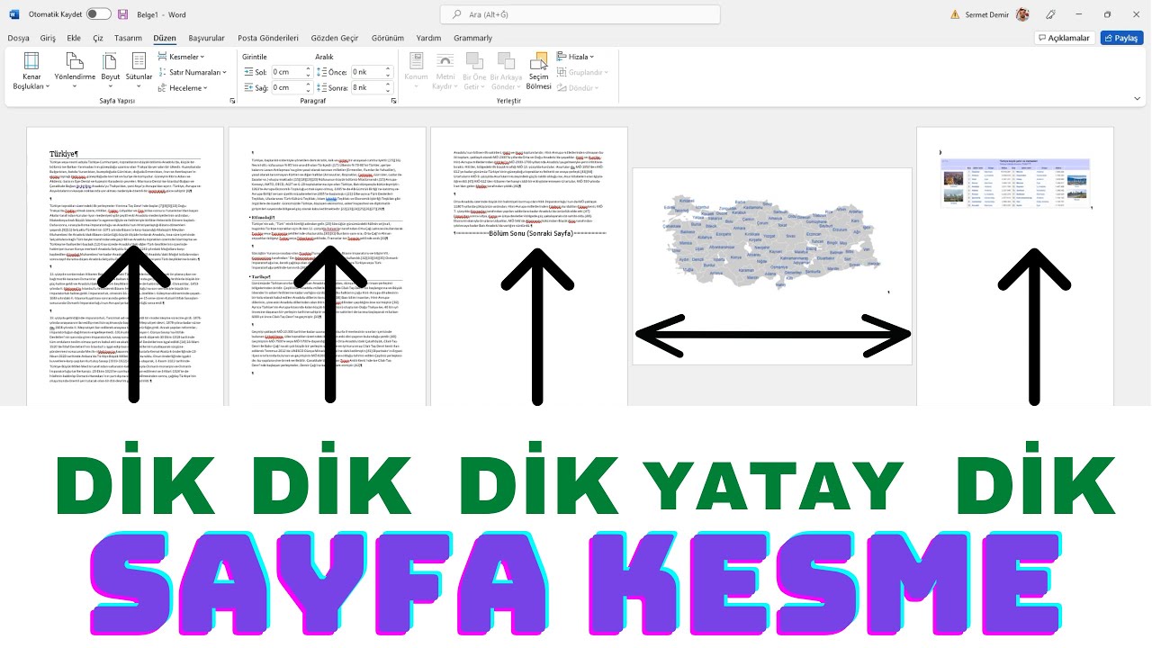 Word Yatay Dikey Sayfa Düzeni Yapısı aynı dosyada farklı hizalama