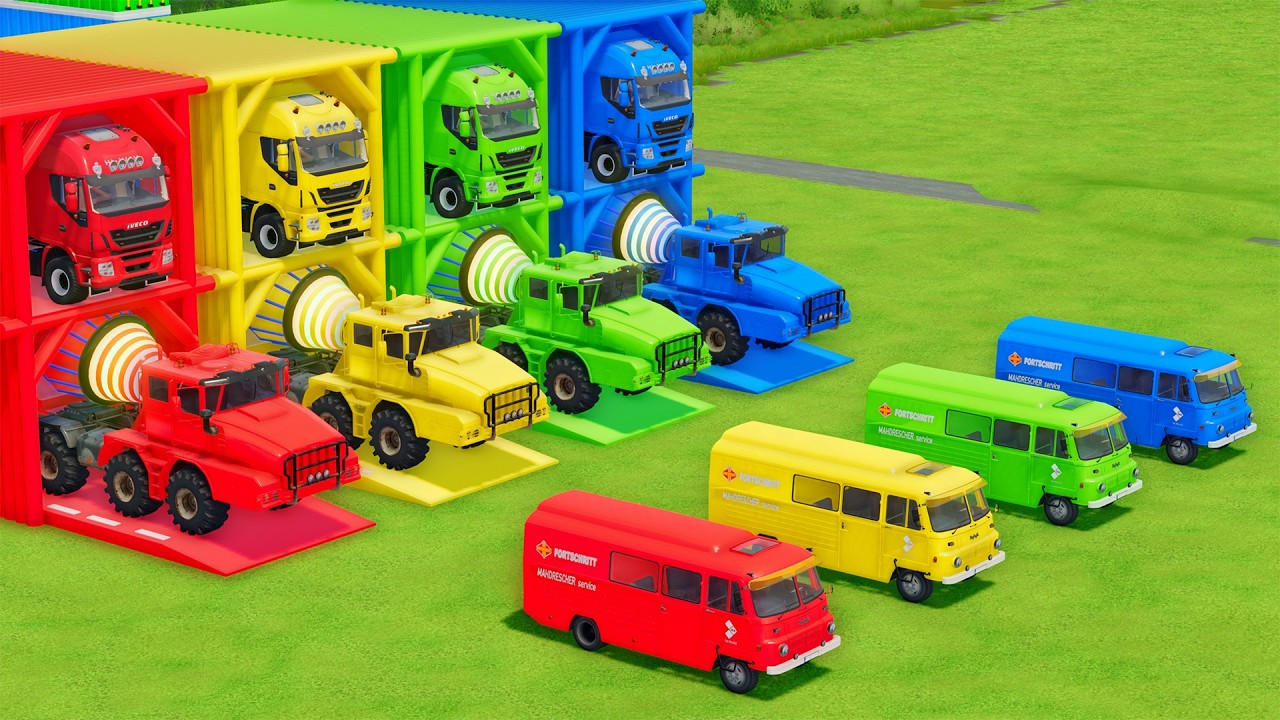 Garage with Colors - ALL MIXER TRUCK WITH DOUBLE FLATBED TRAILER TRUCK, IVECO, KOLOB, ROBUR - FS22