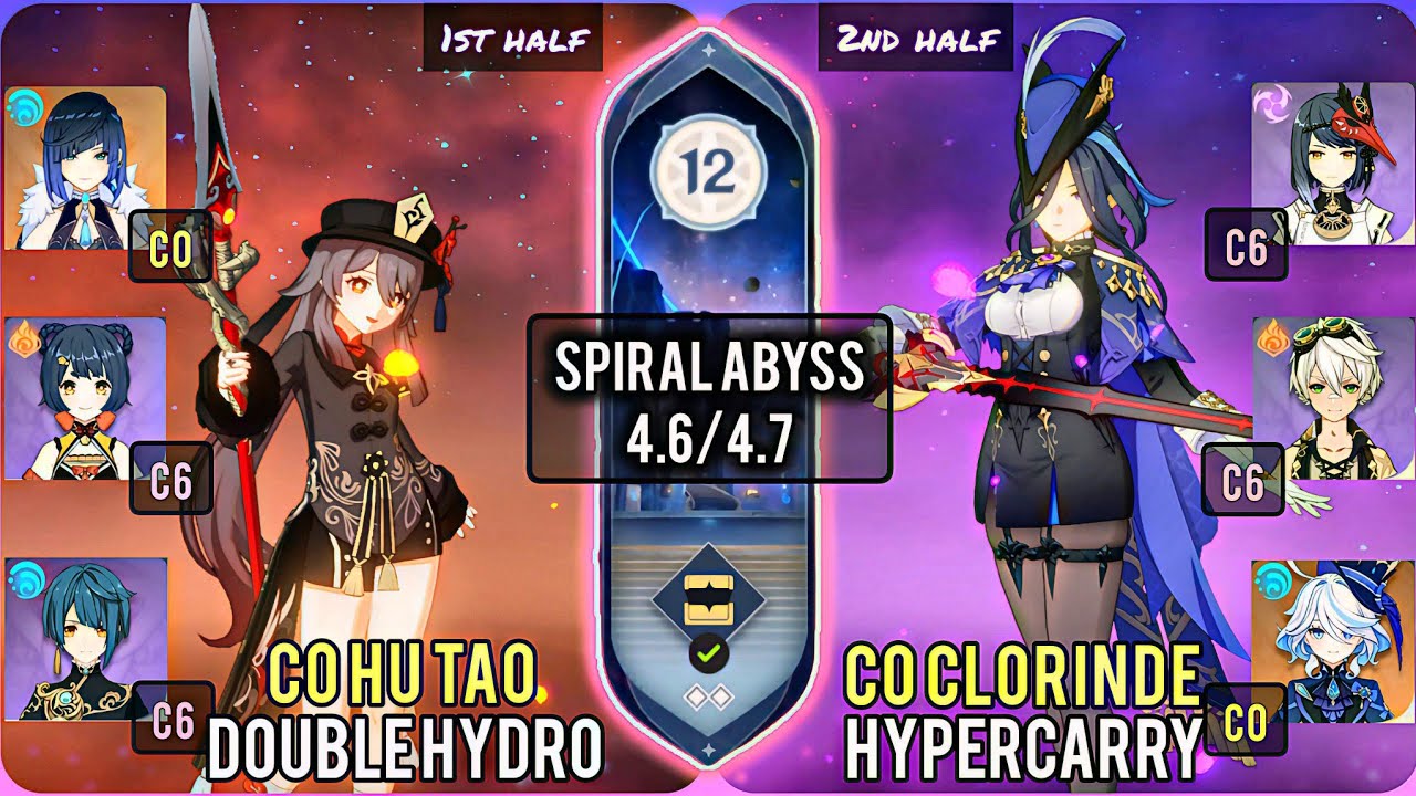 C0 Hu Tao Double Hydro & C0 Clorinde Hypercarry | Spiral Abyss 4.6/4.7 Floor 12 - 9 Stars | Genshin