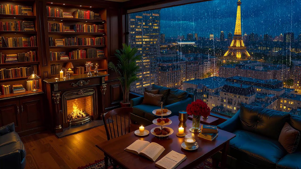 Cozy Coffee Shop Ambience with Rain Sounds to Focus, Study, Work ☕ London Rainy Night - Smooth Jazz