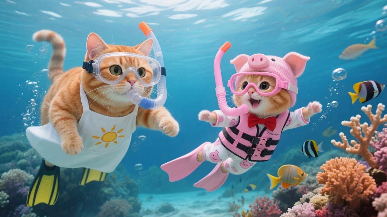 Adorable Ginger Kitten Dives into the Sea to Explore Coral Reefs with Mama Cat 🐱🌊