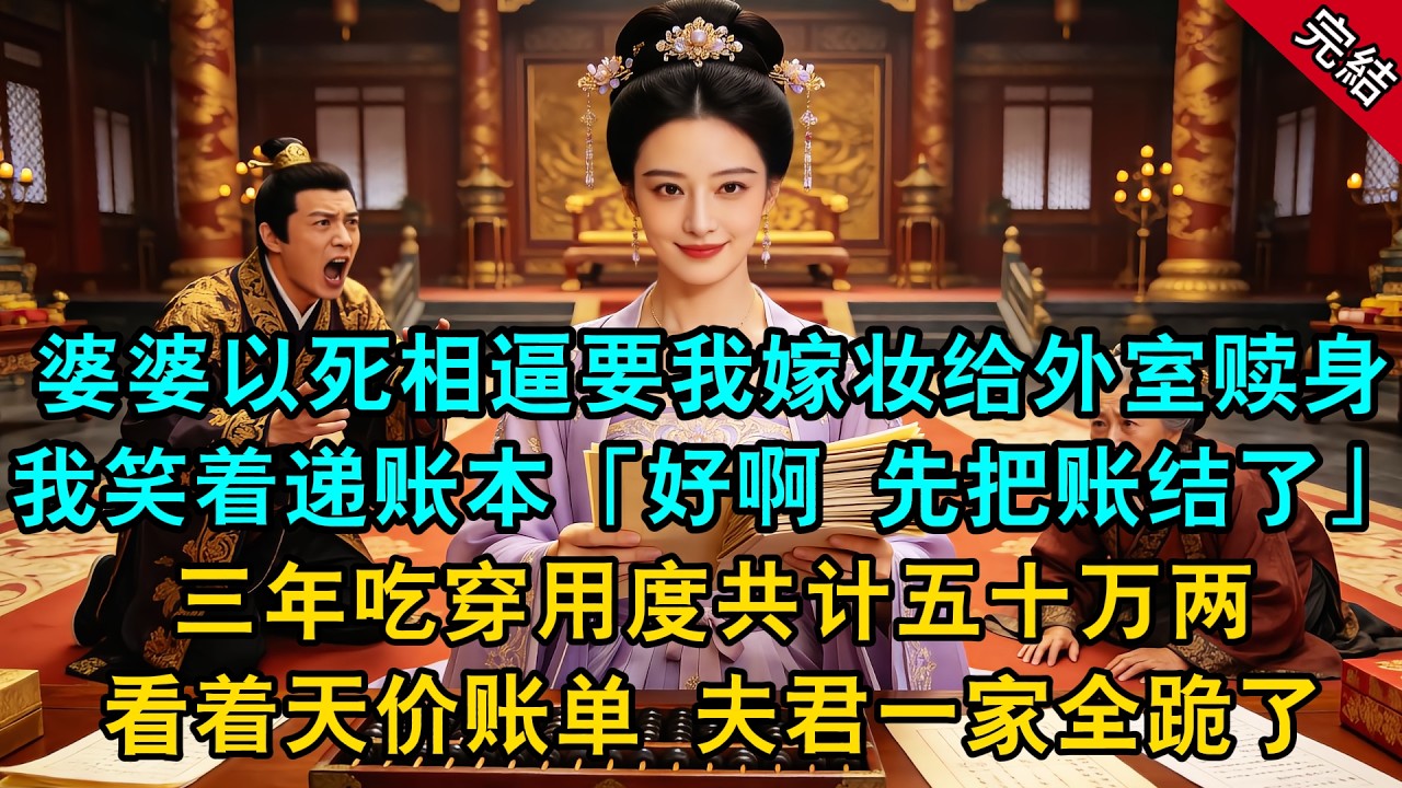 成婚三年，婆婆以死相逼，讓我拿嫁妝給夫君的青樓外室贖身。我笑著遞上賬本：「好啊，先把這三年的吃穿用度結了，一共五十萬兩。」看著帳單，夫君一家全跪了... #原創 #古言 #小說 #爽文