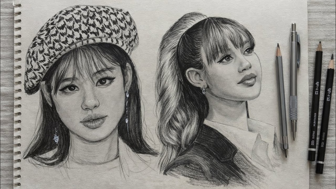 Jennie & Lisa Realistic Portrait Drawing | BLACKPINK Pencil Sketch Tutorial Step by Step (K-Pop Art)