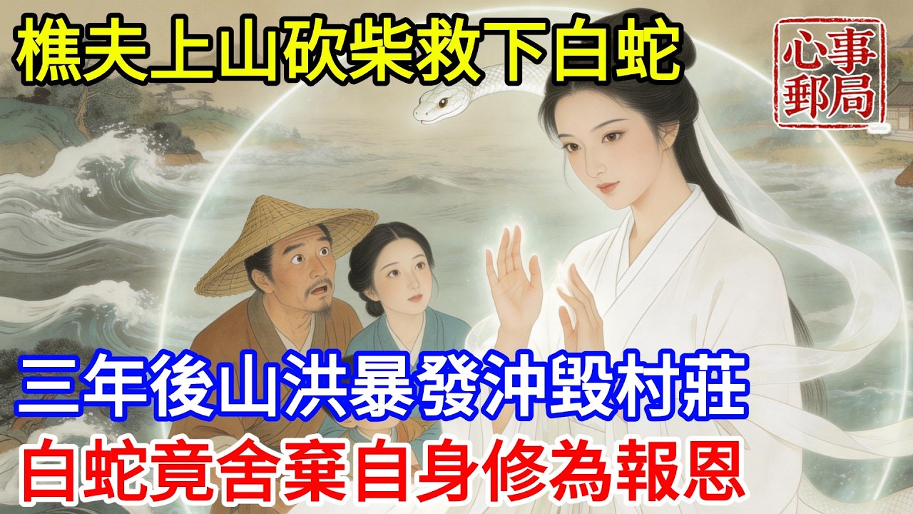 樵夫上山砍柴救下一條小白蛇，留在家中當寵物養，被鄉親嘲笑迷信瘋癲，三年後山洪暴發沖毀村莊，白蛇化身人形報恩，竟舍棄自身修為護住樵夫一家平安！【心事郵局】#民間故事#傳統故事#故事頻道#聽書#睡前故事