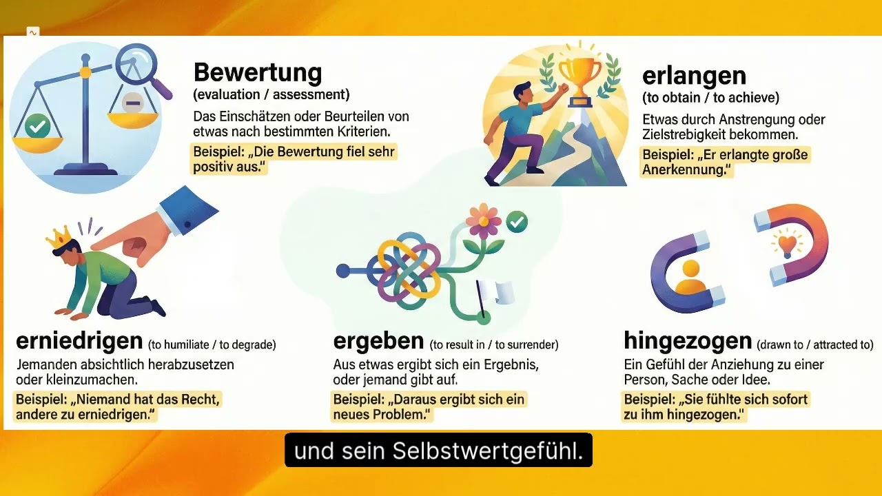 Learn German Words | Bewertung, Erlangen, Erniedrigen, Ergeben, Hingezogen