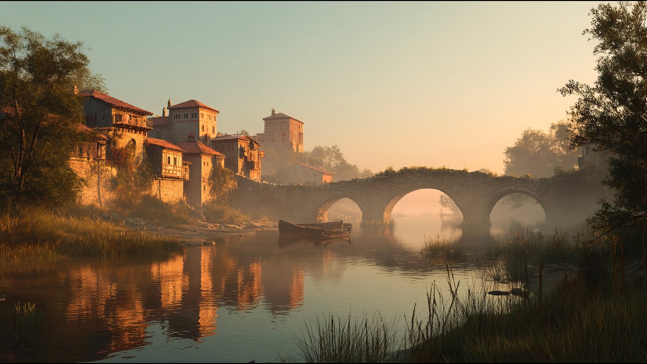 Fantasy Medieval Ambient | Quiet River Village at Dawn 🌅 Calm Music for Sleep & Relaxation