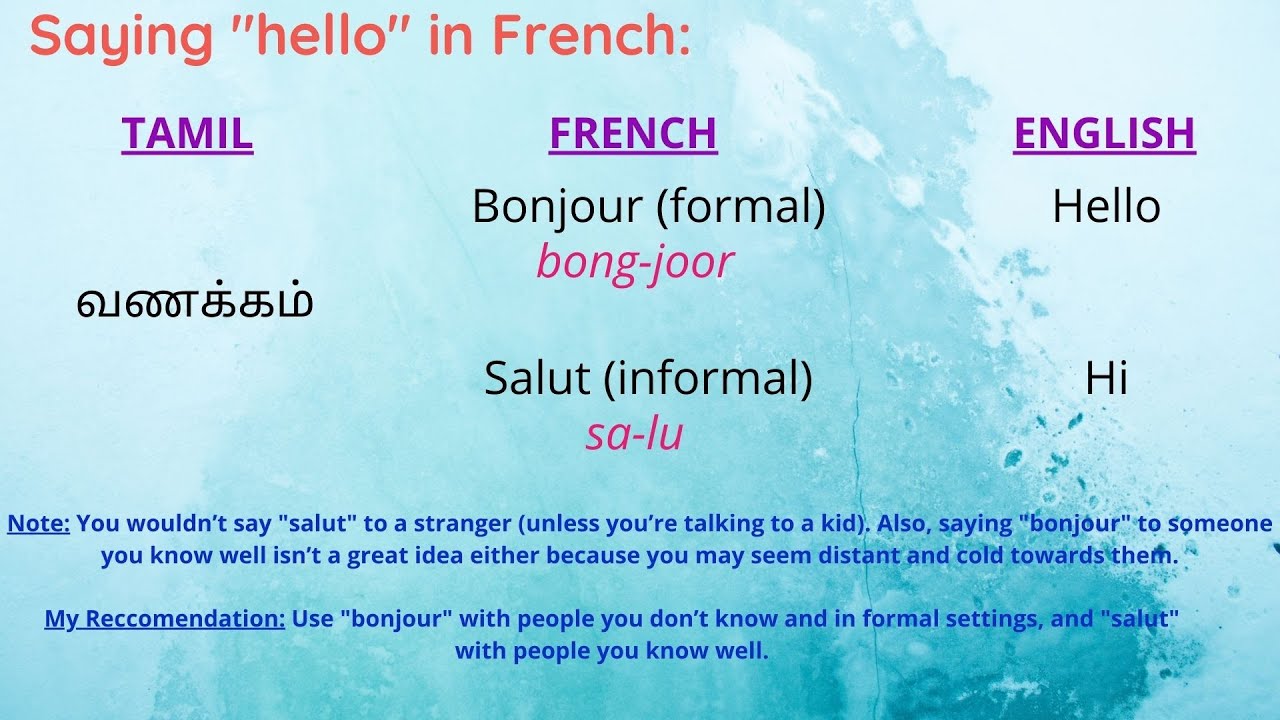 French Greeting Words/Phrases. பிரஞ்சு உரையாடல்கள் தமிழில் விளக்கப்பட்டுள்ளன