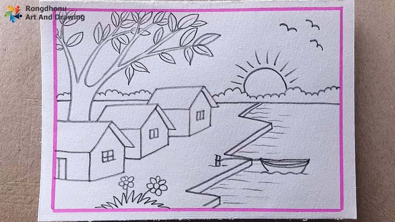 Beautiful Village Scenery Drawing | River, Houses, Boat & Sunset