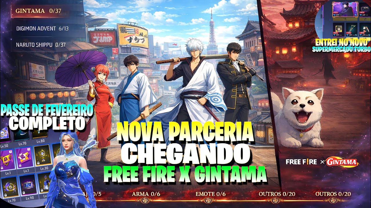 NOVA PARCERIA FREE FIRE X GINTAMA CHEGANDO!! PASSE DE FEVEREIRO COMPLETO, SUPERMERCADO TURBO E MAIS!