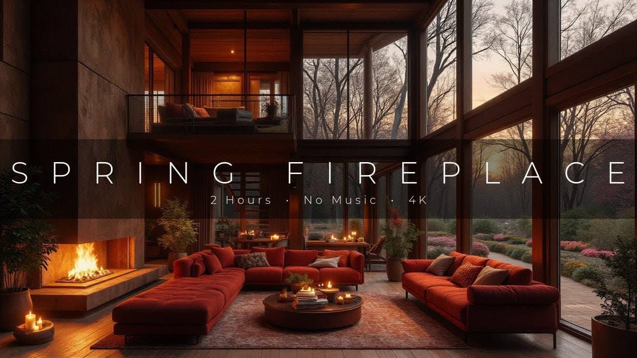 Spring Evening Fireplace 🔥 Cozy Modern Cabin with Sunset Garden View | Crackling Fire Sounds 4K