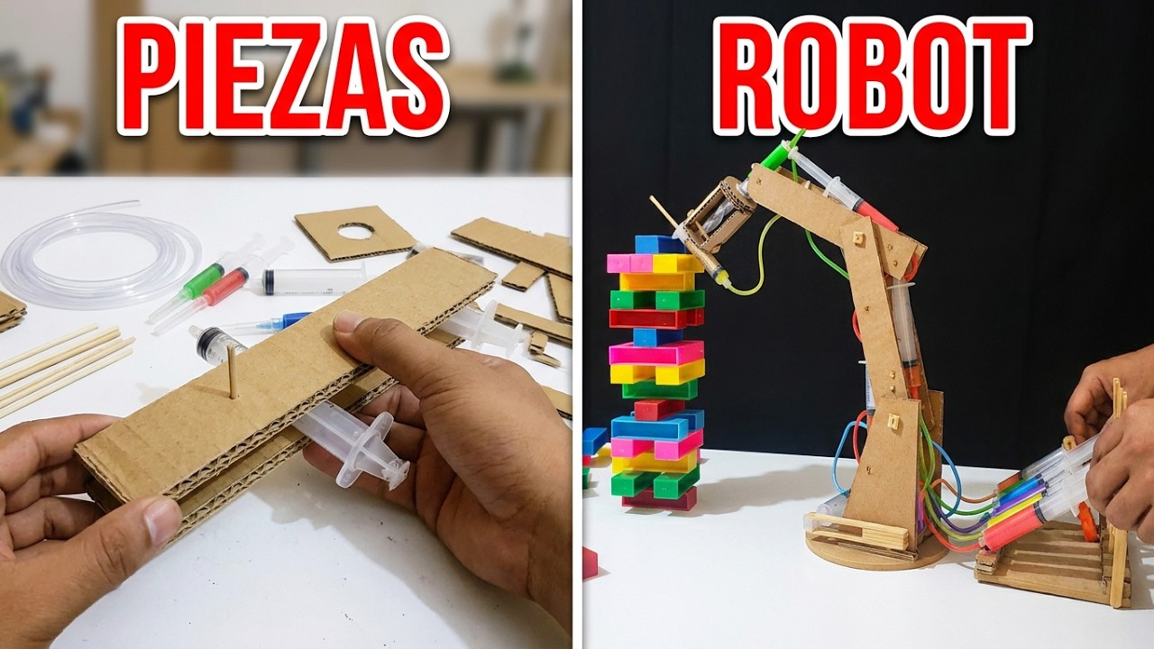Brazo rob&oacute;tico hidr&aacute;ulico de cart&oacute;n que juega Jenga | Cardboard Hydraulic Robotic Arm DIY