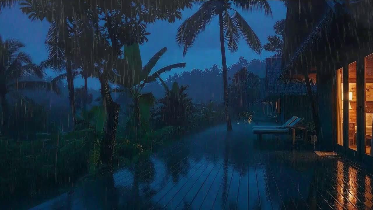 Deep Sleep Tonight with Calm Rainfall and Low Rumble at Wooden Cabin Terrace 🌧️