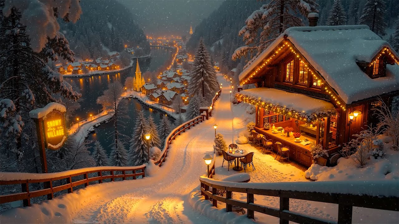 Deep & Warm Night Jazz ❄️ Cozy Coffee Shop Village with Gentle Snowfall | Winter Jazz for Calm Mood☕