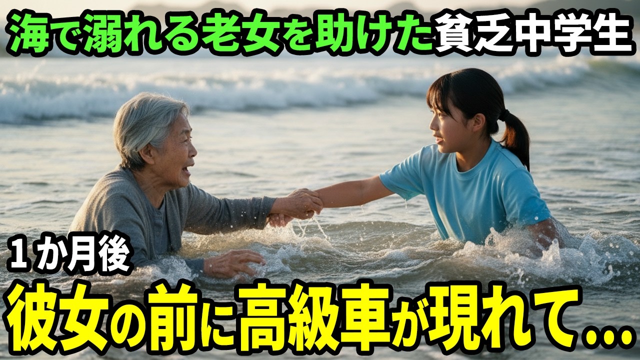 貧乏中学生が海で溺れる老女を救助→1か月後、少女の元に高級車が現れて…【感動する話】