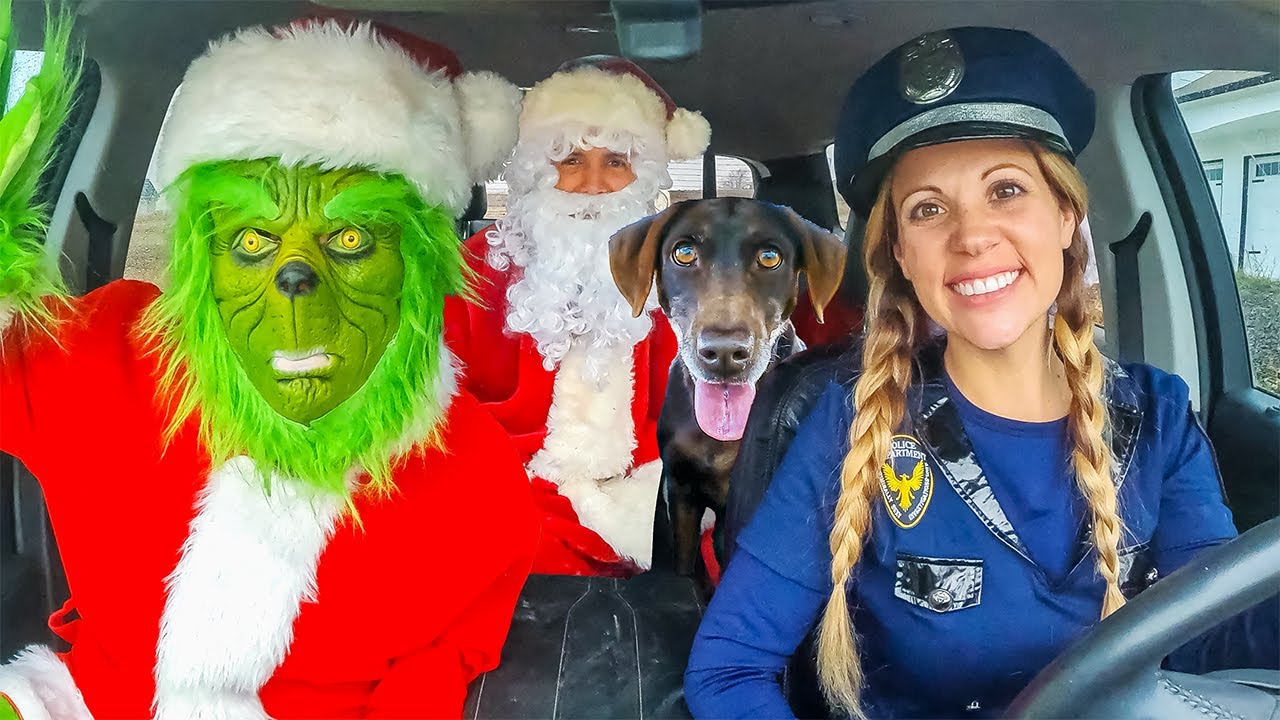 Police and Puppy Surprise Grinch with Christmas Car Ride Chase!