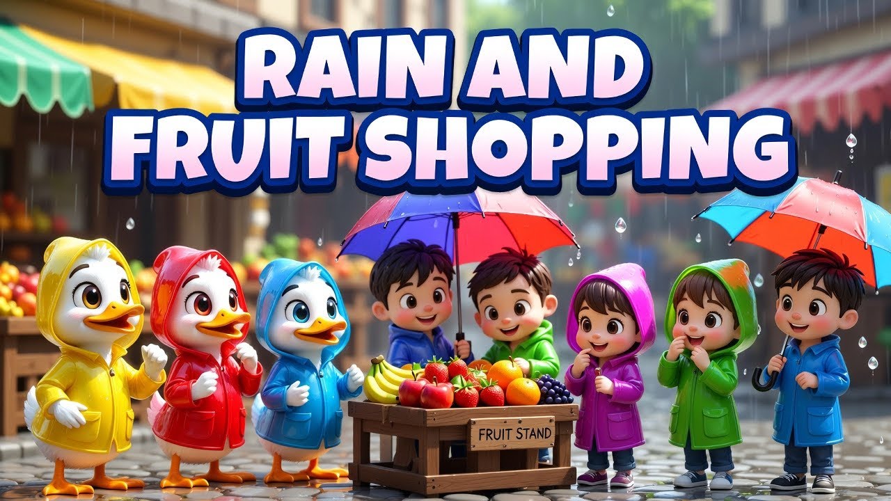 Pięć małych kaczuszek: Owocowa przygoda w deszczowy dzień! | Zabawa i rymowanki w deszczowy dzień...