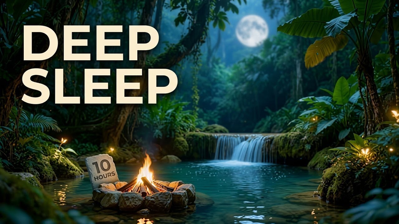 Tropical Jungle Waterfall & Fire Pit | 10 Hours Deep Sleep Ambient Music