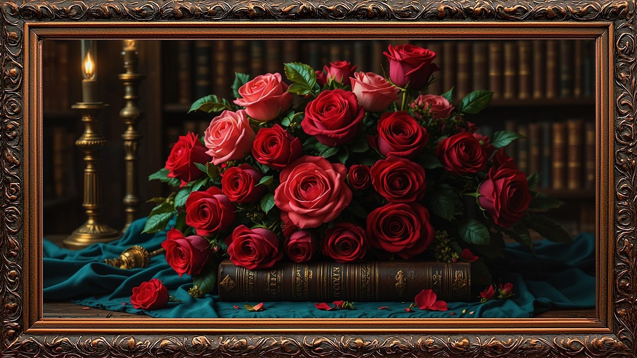 Romantic Library Still Life 🌹📚 Roses & Antique Books | Candlelit Baroque Art 4K