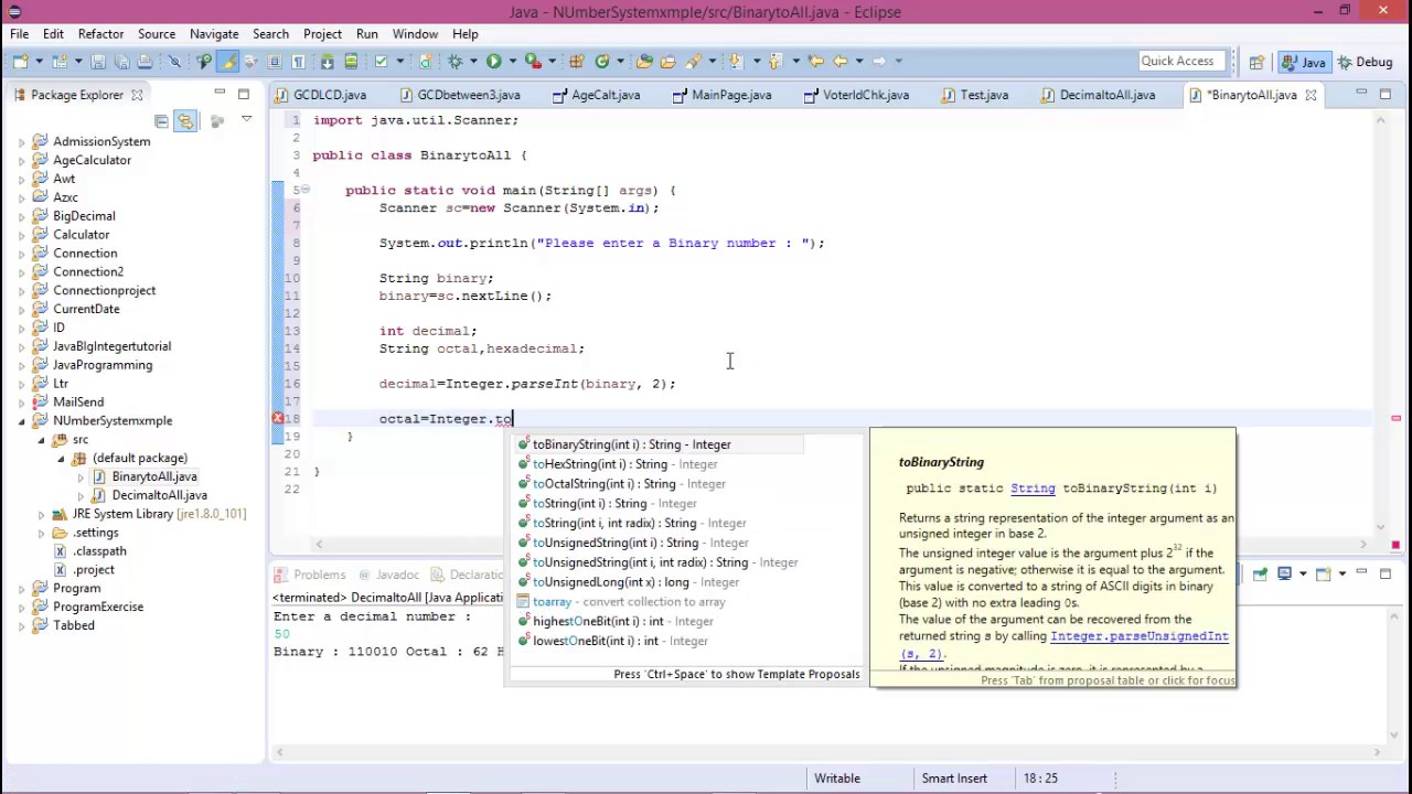Binary to Decimal octal and Hexadecimal in java programming