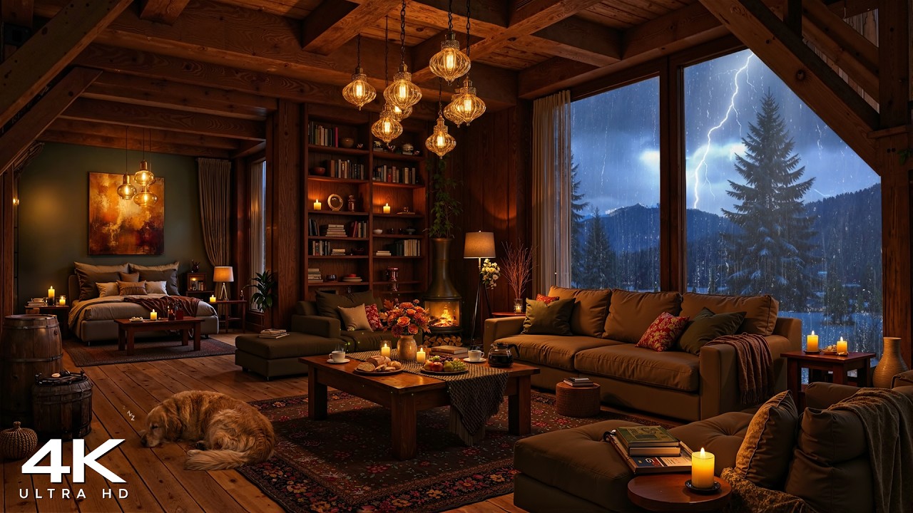 [4K] Nighttime in Cozy Reading Nook 🌧️ Smooth Jazz Music with Fireplace & Thunderstorm for Relax